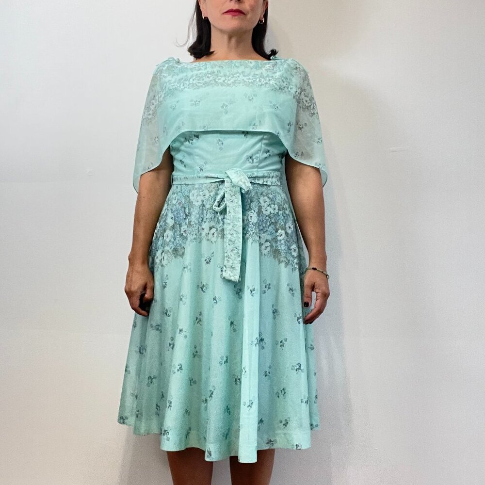 Vintage FRANCIS GALE 70s Aquamarine Floral Print Cape Dress - Size S/M - Picture 7 of 16